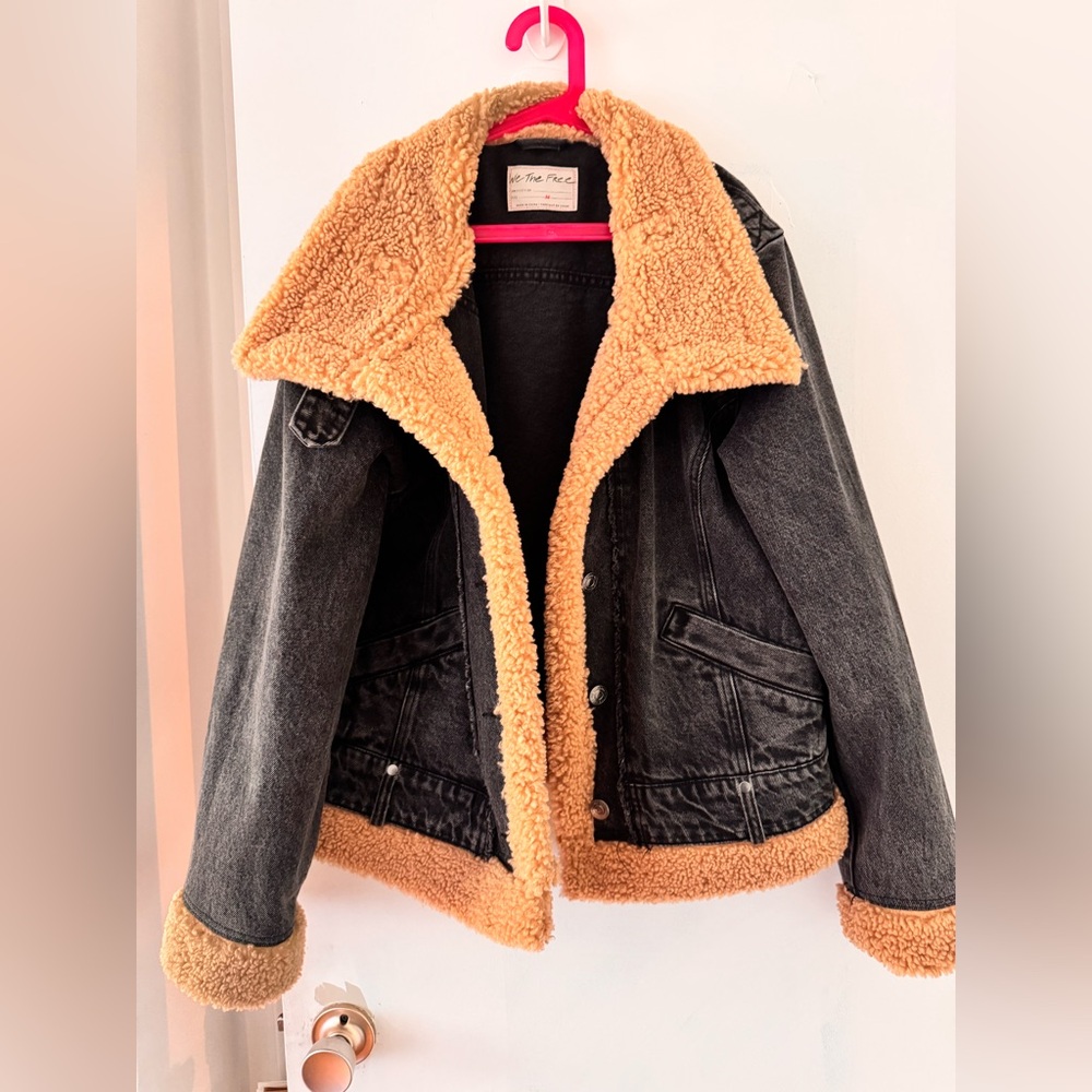 Free People “We the Free” Rylee Moto Black Jacket with Tan Fleece Lining
